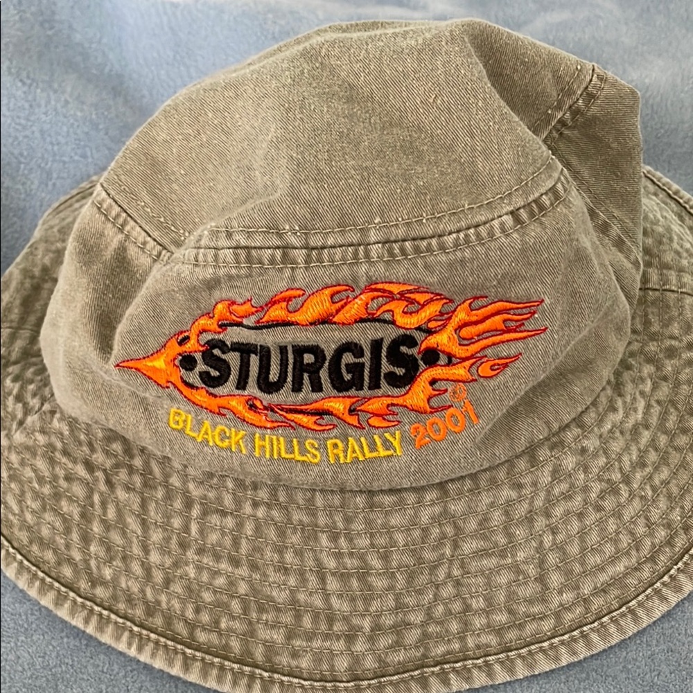 Sturgis Black Hills Rally 2001 Logo Bucket Hat Khaki Canvas Vented Drawstring